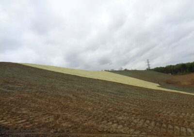 Landscape view of dirt slope covered with pale green, sprayed on seeds. Covering of the slope with large mats of straw is underway