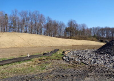 Landscape view of seeded slope with straw mats.