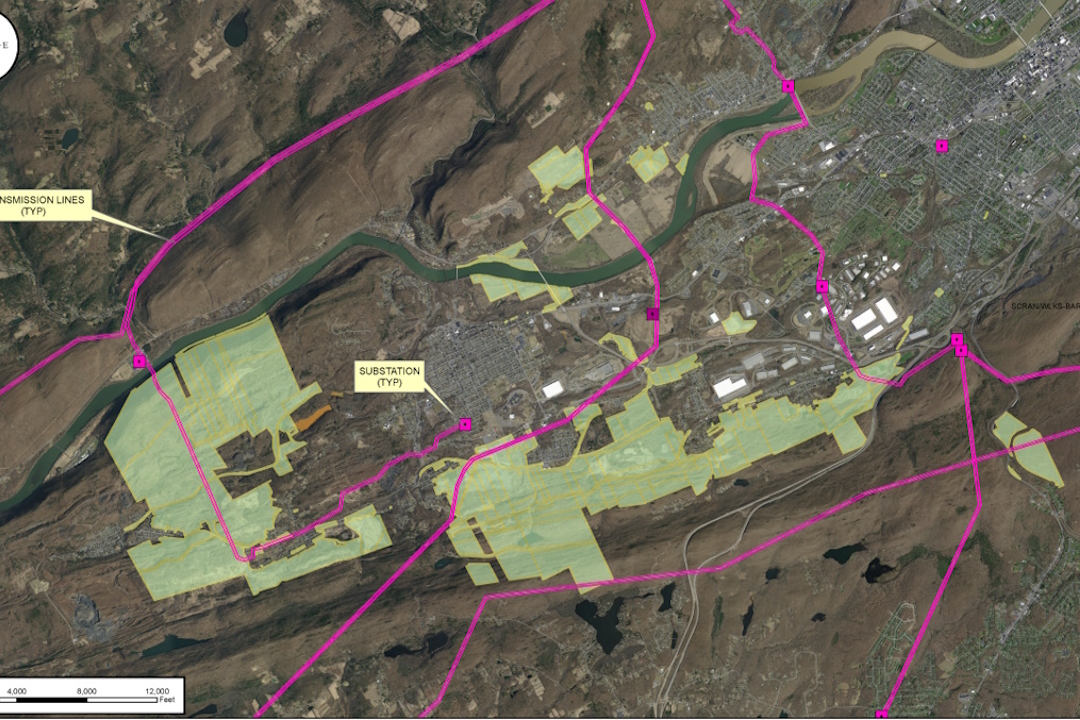 Google Earth image with parcels to be studied for solar potential outlined and shaded.