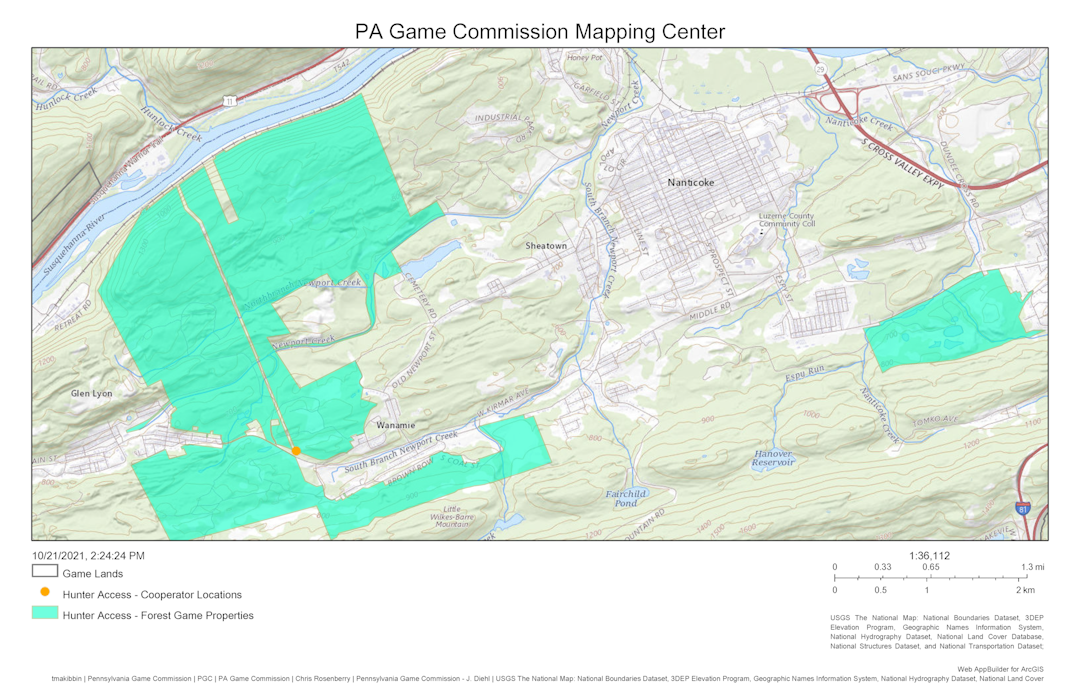 Topographic map of Nanticoke area with shaded areas representing land enrolled in PA Hunters' Access Program