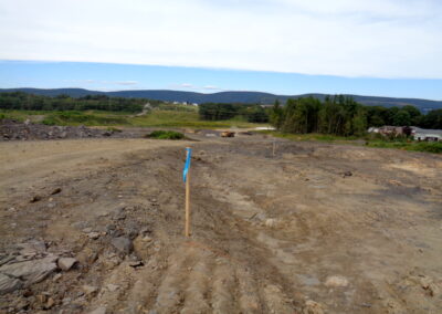 Dirt/construction site with stakes with blue tape proceeding from front to back