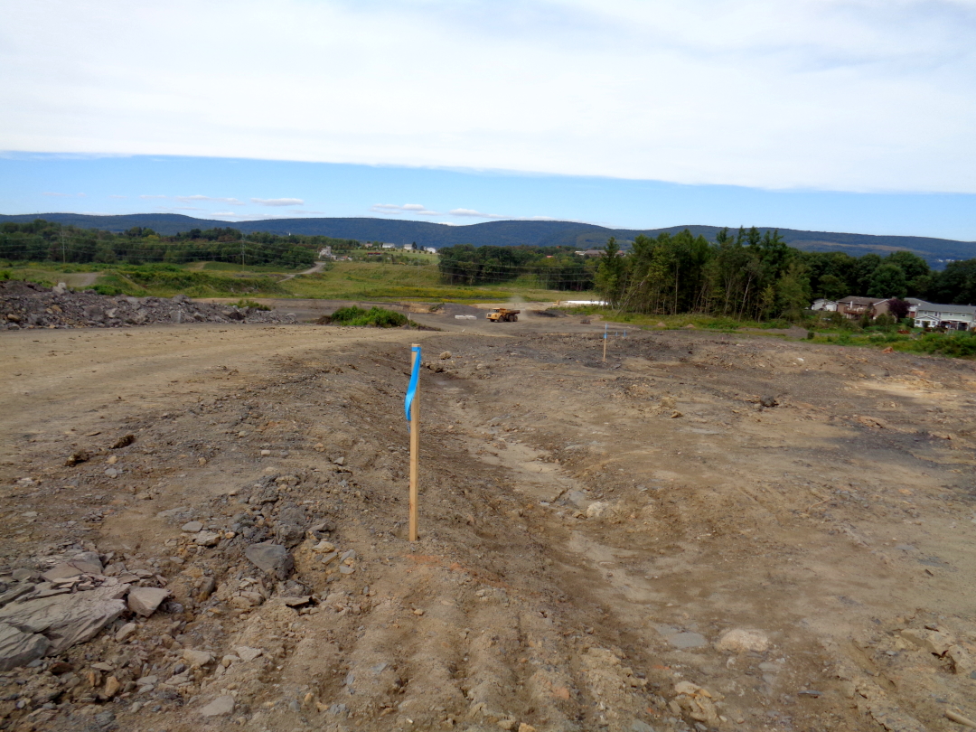 Dirt/construction site with stakes with blue tape proceeding from front to back