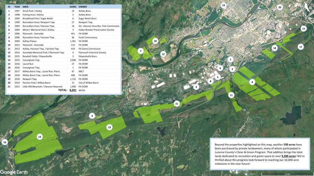 Satellite view of land from Wilkes-Barre going west towards Mocanaqua. Parcel - some large - are shaded in lime green indicating Earth Conservancy lands committed to recreation and greenspace.