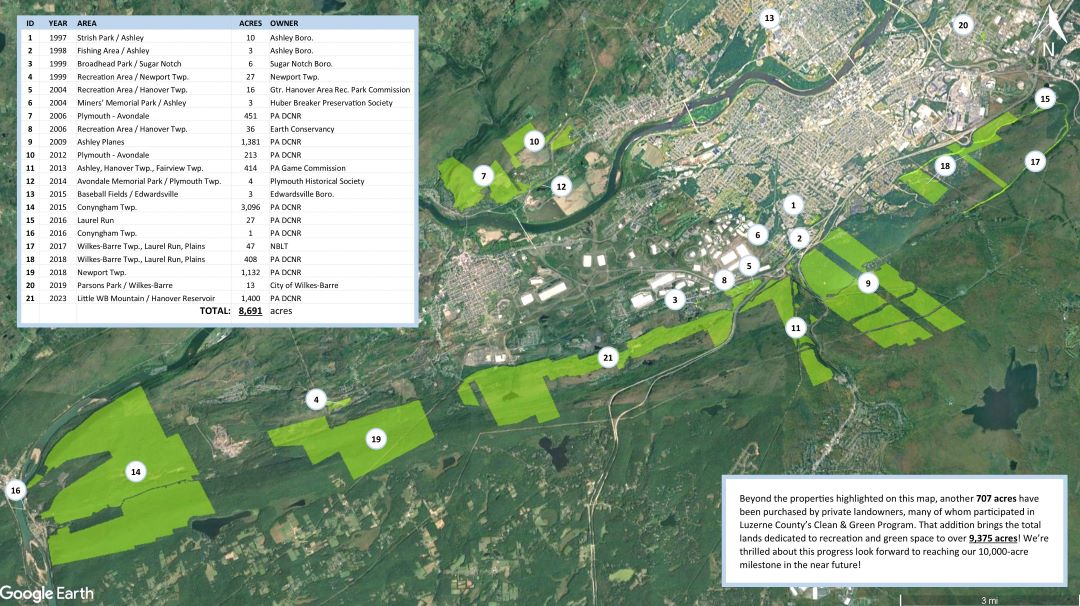 Satellite view of land from Wilkes-Barre going west towards Mocanaqua. Parcel - some large - are shaded in lime green indicating Earth Conservancy lands committed to recreation and greenspace.