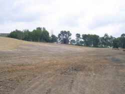 Landscape view of large, dirt area angling upward from right to left. Trees line the back edge of site.