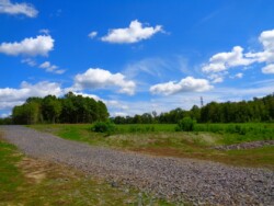 A rock roadway going diagonally from right to left across a green field of short grass. Mature deciduous trees line the back edge against a bright blue sky with puffy white clouds.