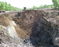 Outdoors, a bulldozer moves dirt into a pit head-on from camera. Large, green trees line the background of the construction site.