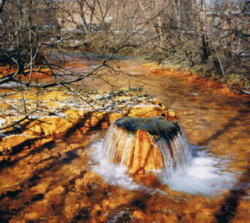 Cylindrical concrete structure in middle of orange-hued creek, lined by trees. Water pours over edge's of structure's top.